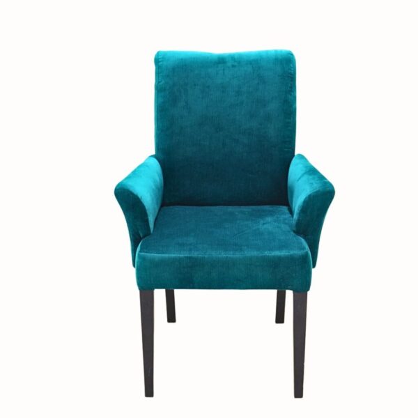 Front view of modern upholstered accent chair with straight back and armrests