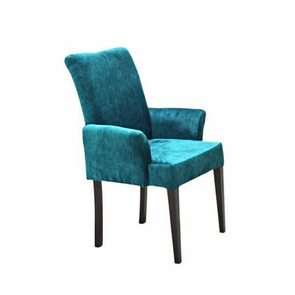 Side view of modern upholstered accent chair with straight back and armrests