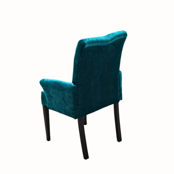 Back view of modern upholstered accent chair with straight back and armrests