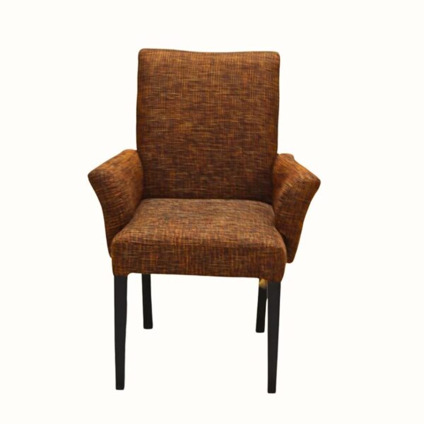 Front view of modern upholstered accent chair with straight back and armrests