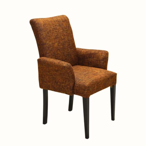 Side view of modern upholstered accent chair with straight back and armrests