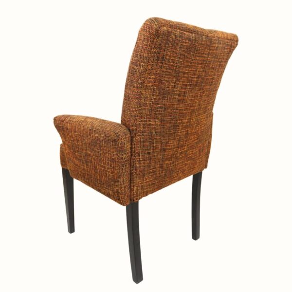 Back view of modern upholstered accent chair with straight back and armrests
