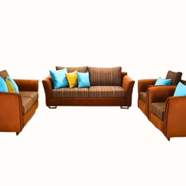 Contemporary sofa set with striped cushions and accent pillows