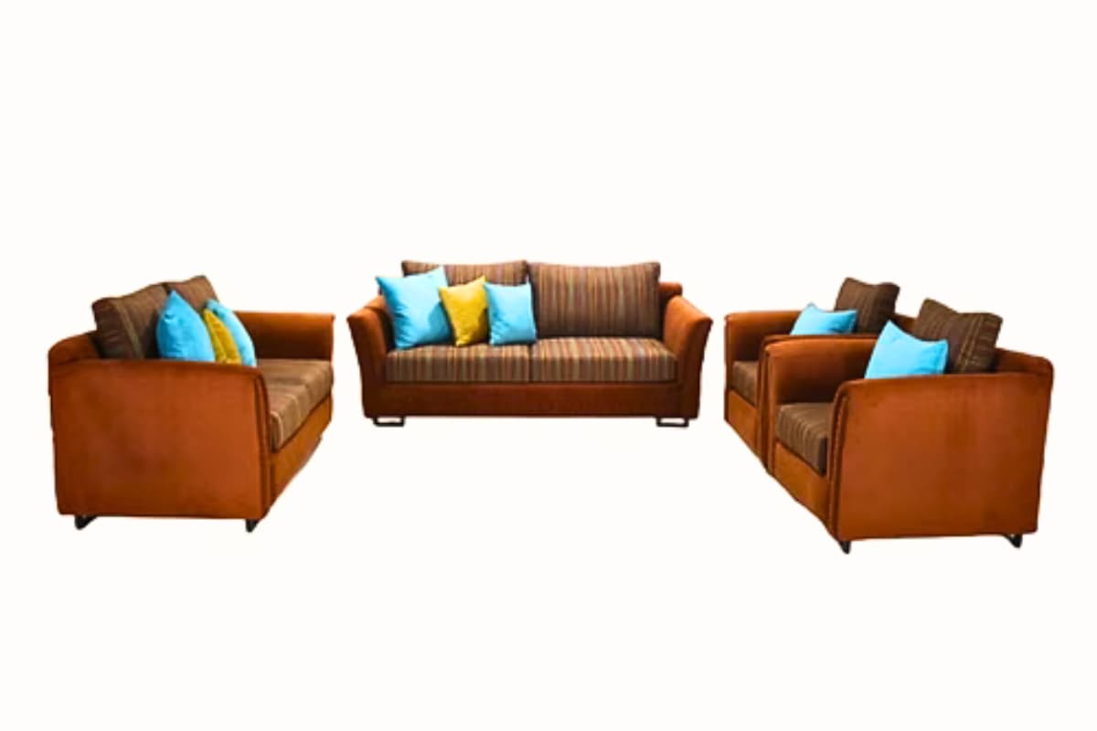 Contemporary sofa set with striped cushions and accent pillows