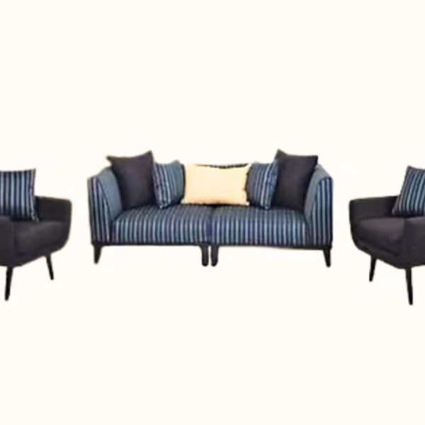 Modern sofa and armchair set with striped and solid upholstery