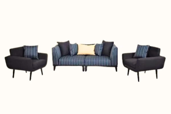 Modern sofa and armchair set with striped and solid upholstery