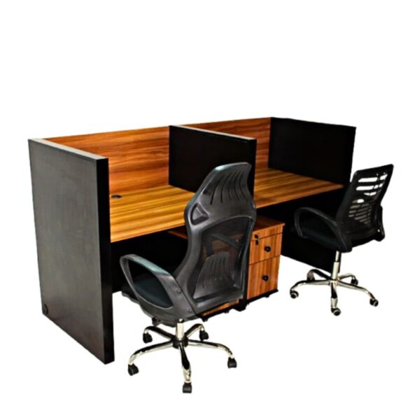 Modern office cubicle with large work surface and high walls