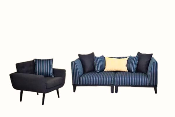 Modern sofa and armchair set with striped and solid upholstery