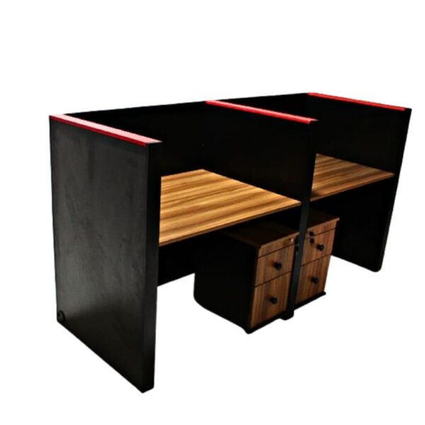 Modern office cubicle with large work surface and high walls