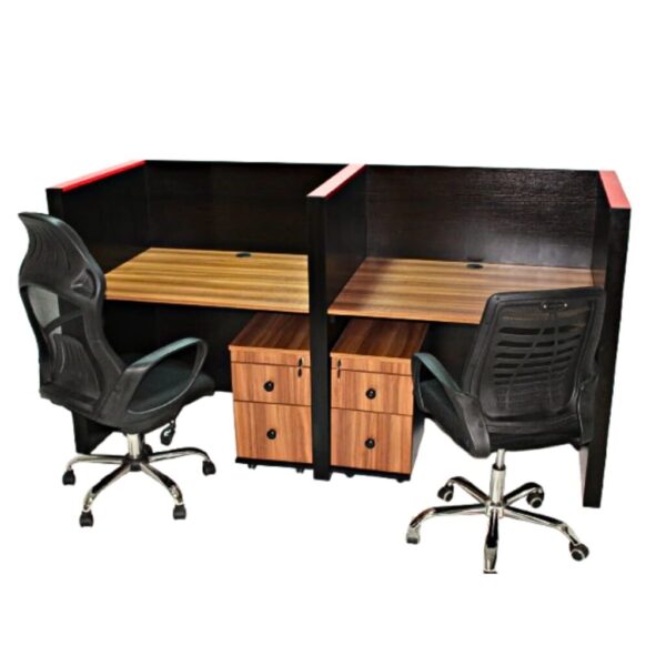 Modern office cubicle with large work surface and high walls