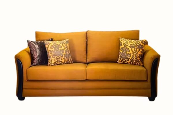 Striking living room sofa set with a mix of solid and patterned upholstery, featuring a two-seater, three-seater, and an accent chair. Includes decorative pillows. Available in various designs and colors.