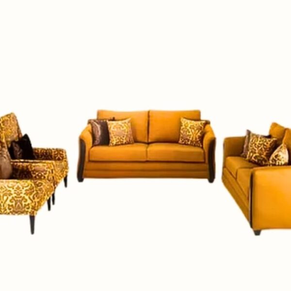 Striking living room sofa set with a mix of solid and patterned upholstery, featuring a two-seater, three-seater, and an accent chair. Includes decorative pillows. Available in various designs and colors. 