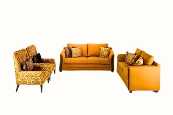 Striking living room sofa set with a mix of solid and patterned upholstery, featuring a two-seater, three-seater, and an accent chair. Includes decorative pillows. Available in various designs and colors.