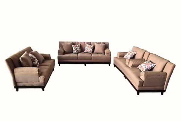 Contemporary sofa set with neutral upholstery and floral pillows