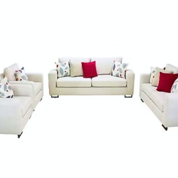 Modern upholstered sofa set with colorful accent pillows