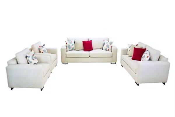 Modern upholstered sofa set with colorful accent pillows