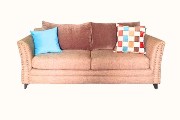Striking living room sofa set with a mix of solid and patterned upholstery, featuring a two-seater, three-seater, and an accent chair. Includes decorative pillows. Available in various designs and colors.