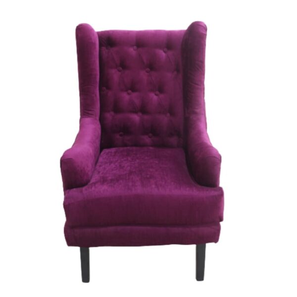 Front view of tufted wingback accent chair with padded seat and wooden legs